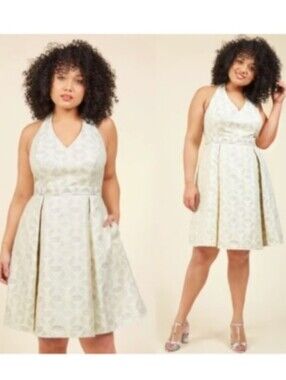 ModCloth NWOT Renewed Resplendence Jacquard A-line‎ Halter Mini Dress Ivory - 2X